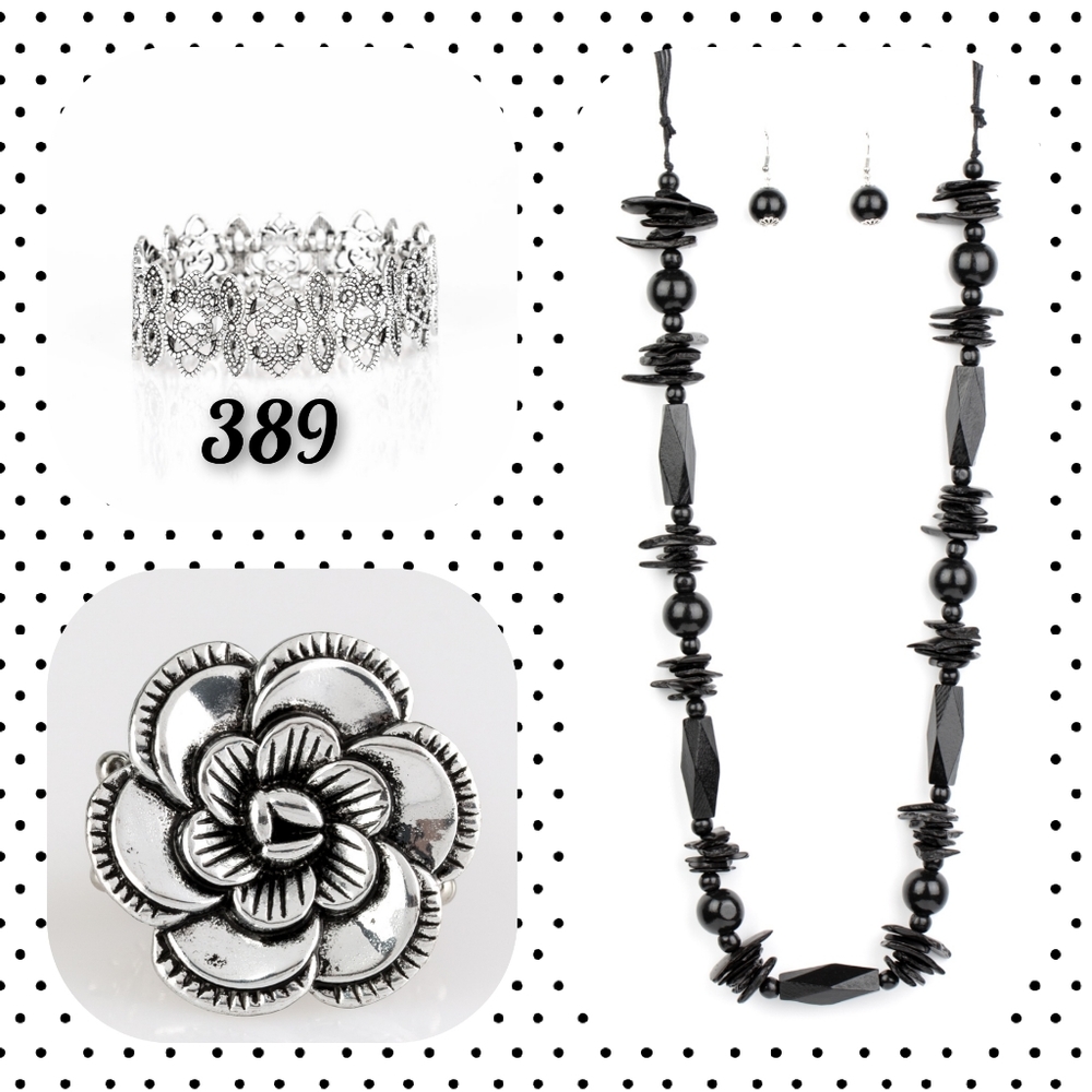Black Necklace Set with Silver Bracelet and Ring